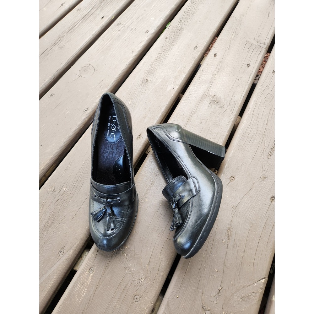 Vintage b.o.c. Born‎ Concept Heeled Loafers Black Leather Tassel Block Heel 8